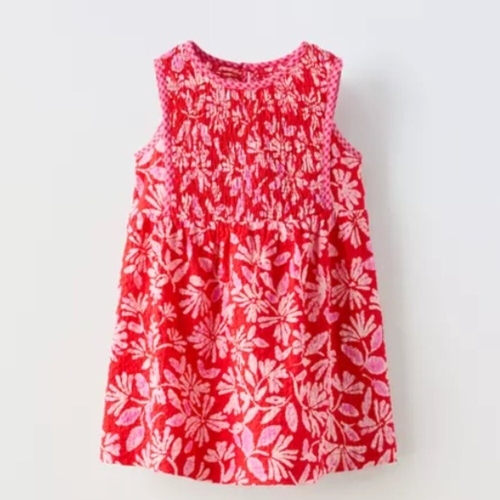Zara Girls' Red Floral Dress Soft Lightweight Cotton Keyhole Back Size 3T (98cm)